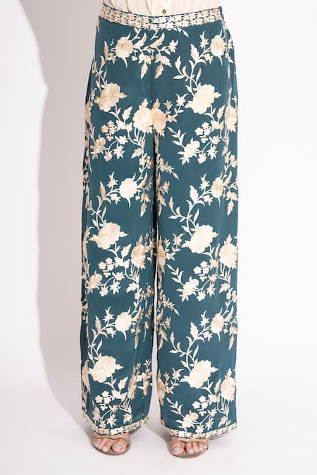 Shop House Of Inari Blue Pure Silk Crepe Embroidery Gulbahar Flared Pant at Aza Fashions Shop_House Of Inari_Blue Pure Silk Crepe Embroidery Gulbahar Flared Pant _at_Aza_Fashions