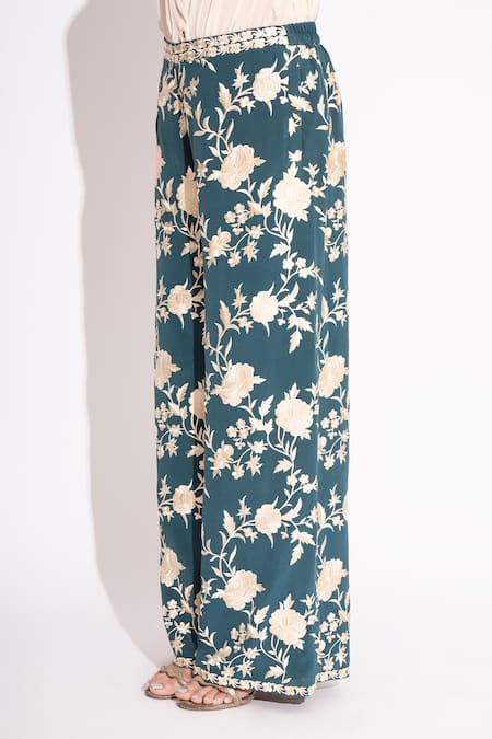 House Of Inari Blue Pure Silk Crepe Embroidery Gulbahar Flared Pant Online at Aza Fashions House Of Inari_Blue Pure Silk Crepe Embroidery Gulbahar Flared Pant _Online_at_Aza_Fashions