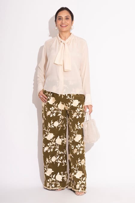 House of Inari Green Pure Silk Crepe Embroidery Rose Bloom Flared Pant