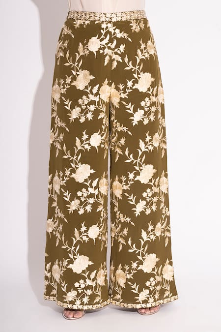 Shop House Of Inari Green Pure Silk Crepe Embroidery Rose Bloom Flared Pant at Aza Fashions Shop_House Of Inari_Green Pure Silk Crepe Embroidery Rose Bloom Flared Pant _at_Aza_Fashions