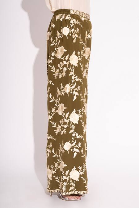House Of Inari Green Pure Silk Crepe Embroidery Rose Bloom Flared Pant Online at Aza Fashions House Of Inari_Green Pure Silk Crepe Embroidery Rose Bloom Flared Pant _Online_at_Aza_Fashions
