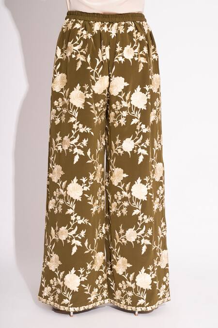 Buy House Of Inari Green Pure Silk Crepe Embroidery Rose Bloom Flared Pant Online at Aza Fashions Buy_House Of Inari_Green Pure Silk Crepe Embroidery Rose Bloom Flared Pant _Online_at_Aza_Fashions