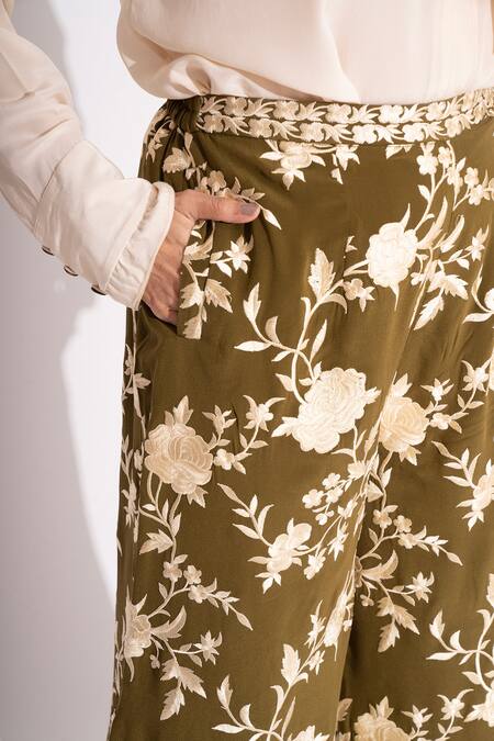 Shop House Of Inari Green Pure Silk Crepe Embroidery Rose Bloom Flared Pant Online at Aza Fashions Shop_House Of Inari_Green Pure Silk Crepe Embroidery Rose Bloom Flared Pant _Online_at_Aza_Fashions