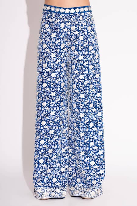 Shop House Of Inari Blue Pure Silk Crepe Embroidery Parsi Flora Flared Pant at Aza Fashions Shop_House Of Inari_Blue Pure Silk Crepe Embroidery Parsi Flora Flared Pant _at_Aza_Fashions