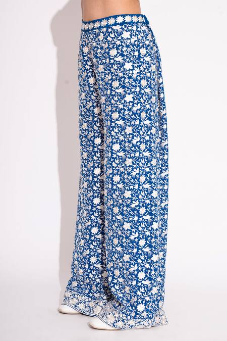 House Of Inari Blue Pure Silk Crepe Embroidery Parsi Flora Flared Pant Online at Aza Fashions House Of Inari_Blue Pure Silk Crepe Embroidery Parsi Flora Flared Pant _Online_at_Aza_Fashions
