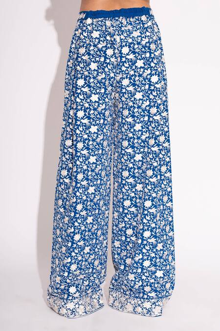 Buy House Of Inari Blue Pure Silk Crepe Embroidery Parsi Flora Flared Pant Online at Aza Fashions Buy_House Of Inari_Blue Pure Silk Crepe Embroidery Parsi Flora Flared Pant _Online_at_Aza_Fashions