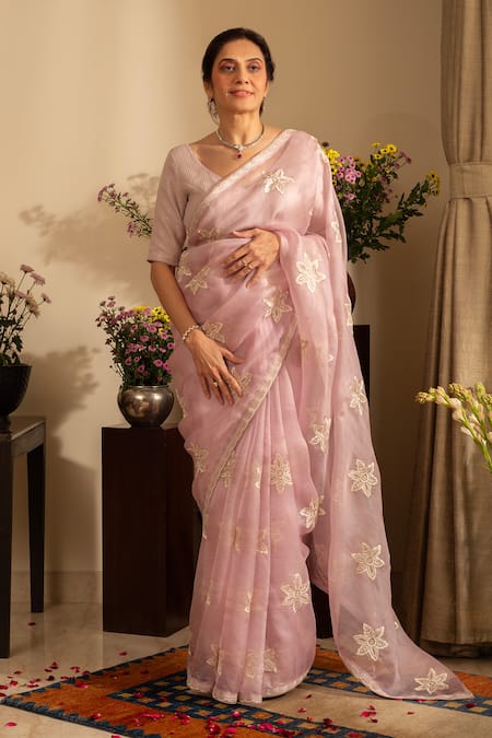 Buy Purple Pure Silk Organza Embroidery Phool Gul Nargis Saree Set For ...