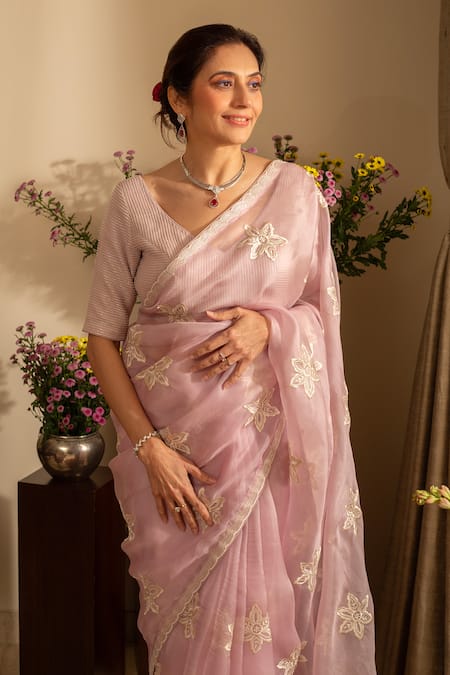 House Of Inari Purple Silk Organza Embroidery Nargis Phool Gul Saree Set Online at Aza Fashions House Of Inari_Purple Silk Organza Embroidery Nargis Phool Gul Saree Set _Online_at_Aza_Fashions