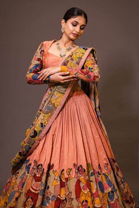 Shop Aindhri By Mahitha Peach Chanderi Silk Beads, Embroidery Kalamkari Hand Painted Lehenga Set at Aza Fashions Shop_Aindhri By Mahitha_Peach Chanderi Silk Beads, Embroidery Kalamkari Hand Painted Lehenga Set_at_Aza_Fashions