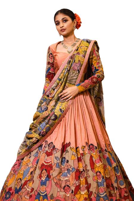 Aindhri By Mahitha Peach Chanderi Silk Beads, Embroidery Kalamkari Hand Painted Lehenga Set Online at Aza Fashions Aindhri By Mahitha_Peach Chanderi Silk Beads, Embroidery Kalamkari Hand Painted Lehenga Set_Online_at_Aza_Fashions