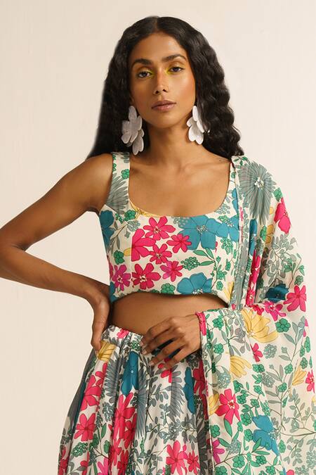 Vishala Shree_White Crepe, Silk Sequins, Embroidery Scoop Neck Jasmine Print Lehenga Set_Online_at_Aza_Fashions