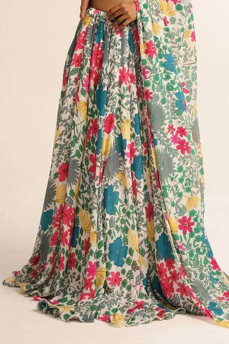 Buy_Vishala Shree_White Crepe, Silk Sequins, Embroidery Scoop Neck Jasmine Print Lehenga Set_Online_at_Aza_Fashions