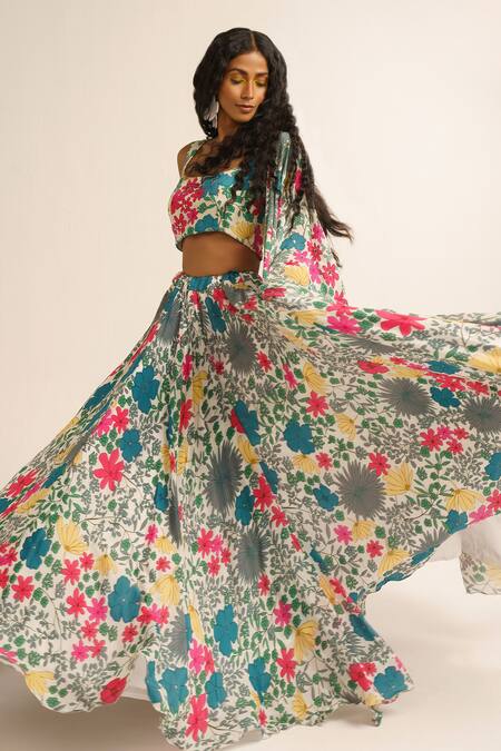 Shop_Vishala Shree_White Crepe, Silk Sequins, Embroidery Scoop Neck Jasmine Print Lehenga Set_Online_at_Aza_Fashions