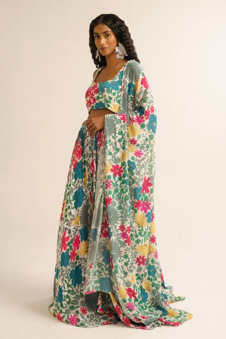 Vishala Shree_White Crepe, Silk Sequins, Embroidery Scoop Neck Jasmine Print Lehenga Set_at_Aza_Fashions