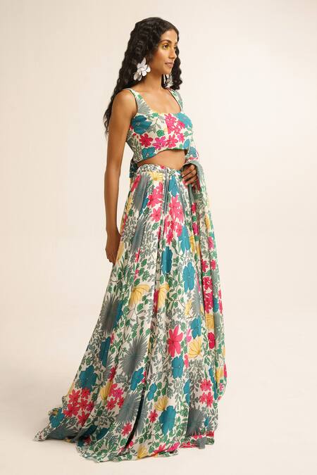 Buy_Vishala Shree_White Crepe, Silk Sequins, Embroidery Scoop Neck Jasmine Print Lehenga Set