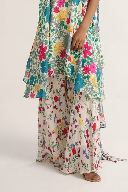 Buy_Vishala Shree_White Crepe, Silk Sequins Square Neck Lily Garden Print Kurta Sharara Set _Online_at_Aza_Fashions