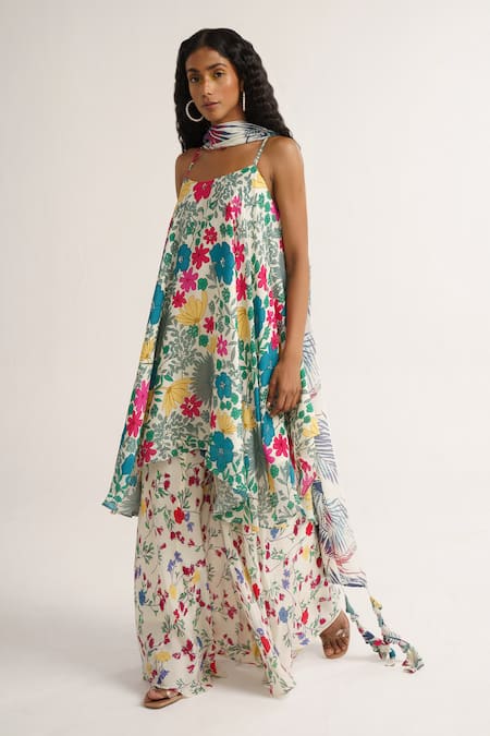 Shop_Vishala Shree_White Crepe, Silk Sequins Square Neck Lily Garden Print Kurta Sharara Set _Online_at_Aza_Fashions