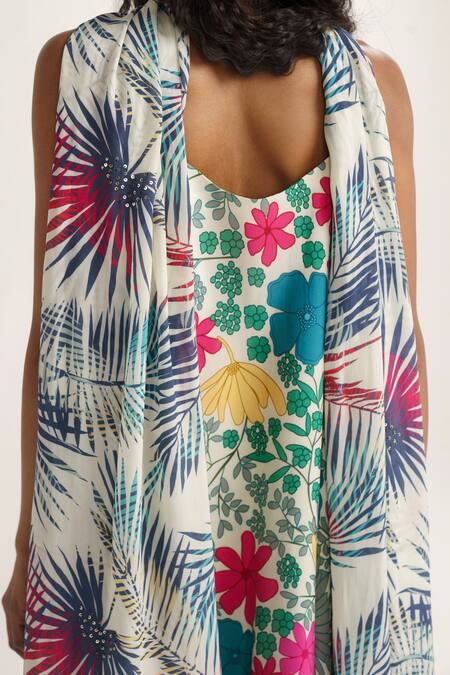 Shop_Vishala Shree_White Crepe, Silk Sequins Square Neck Lily Garden Print Kurta Sharara Set 