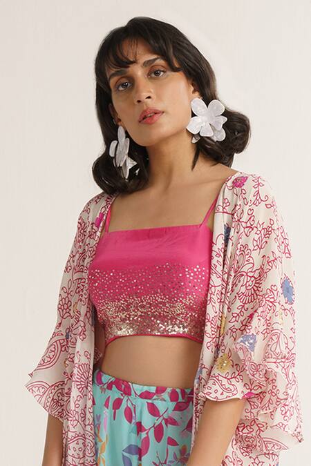 Vishala Shree_Multi Color Crepe Silk Print Floral Cape Front Open Carnation Flower Pant Set_Online_at_Aza_Fashions