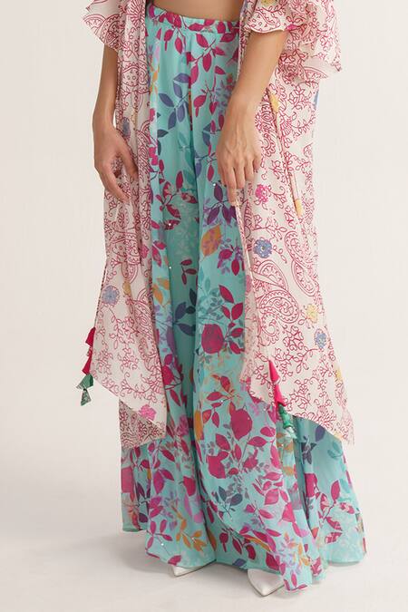 Buy_Vishala Shree_Multi Color Crepe Silk Print Floral Cape Front Open Carnation Flower Pant Set_Online_at_Aza_Fashions