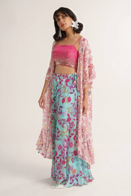 Shop_Vishala Shree_Multi Color Crepe Silk Print Floral Cape Front Open Carnation Flower Pant Set_Online_at_Aza_Fashions
