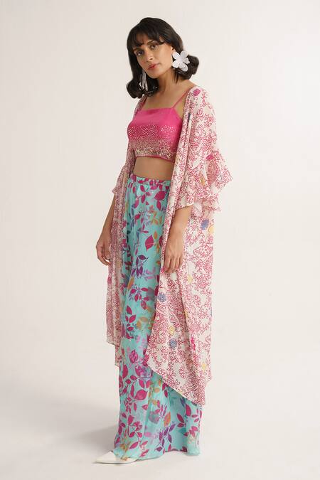 Vishala Shree_Multi Color Crepe Silk Print Floral Cape Front Open Carnation Flower Pant Set_at_Aza_Fashions