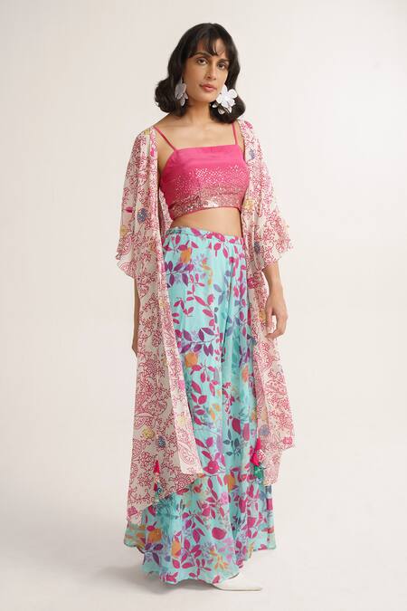 Buy_Vishala Shree_Multi Color Crepe Silk Print Floral Cape Front Open Carnation Flower Pant Set