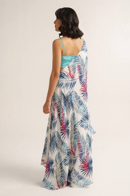 Shop Vishala Shree White Crepe Silk Print Tropical Blouse Square Neck Kaftan With at Aza Fashions Shop_Vishala Shree_White Crepe Silk Print Tropical Blouse Square Neck Kaftan With_at_Aza_Fashions