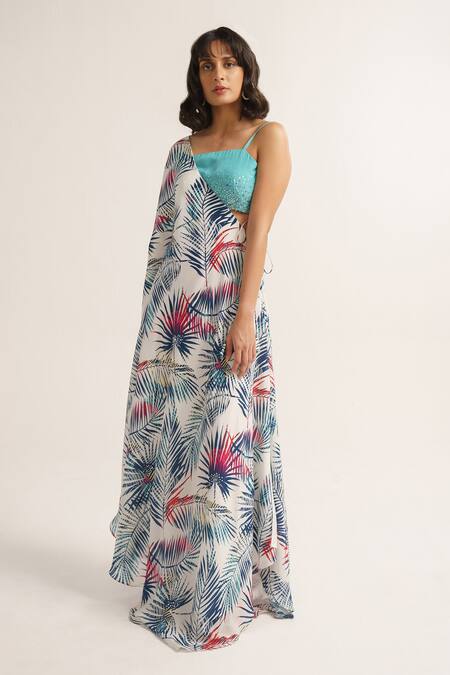 Buy Vishala Shree White Crepe Silk Print Tropical Blouse Square Neck Kaftan With Online at Aza Fashions Buy_Vishala Shree_White Crepe Silk Print Tropical Blouse Square Neck Kaftan With_Online_at_Aza_Fashions