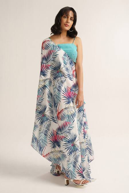 Shop Vishala Shree White Crepe Silk Print Tropical Blouse Square Neck Kaftan With Online at Aza Fashions Shop_Vishala Shree_White Crepe Silk Print Tropical Blouse Square Neck Kaftan With_Online_at_Aza_Fashions