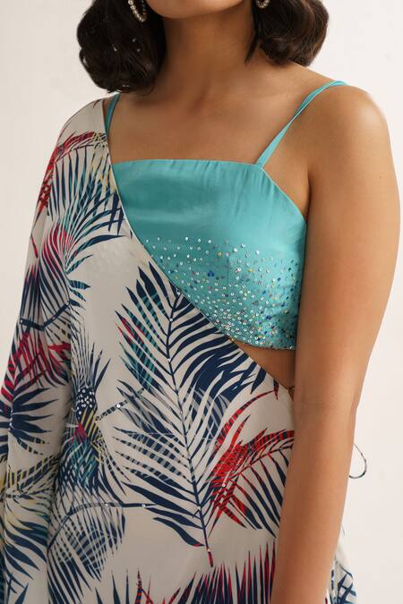 Buy Vishala Shree White Crepe Silk Print Tropical Blouse Square Neck Kaftan With Buy_Vishala Shree_White Crepe Silk Print Tropical Blouse Square Neck Kaftan With