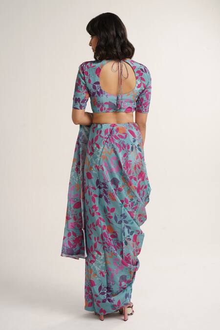 Shop_Vishala Shree_Blue Crepe, Silk Sequins Round Neck Hydrangea Print Saree With Blouse_at_Aza_Fashions