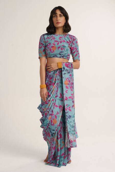 Vishala Shree_Blue Crepe, Silk Sequins Round Neck Hydrangea Print Saree With Blouse_Online_at_Aza_Fashions