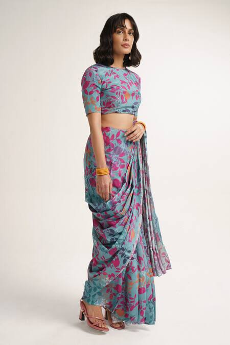 Shop_Vishala Shree_Blue Crepe, Silk Sequins Round Neck Hydrangea Print Saree With Blouse_Online_at_Aza_Fashions