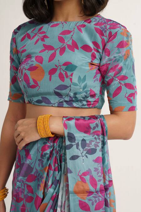 Vishala Shree_Blue Crepe, Silk Sequins Round Neck Hydrangea Print Saree With Blouse_at_Aza_Fashions