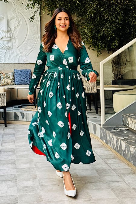 Shop Gulaal Green Modal, Satin V-neck Printed Maxi Dress Shop_Gulaal_Green Modal, Satin V-neck Printed Maxi Dress