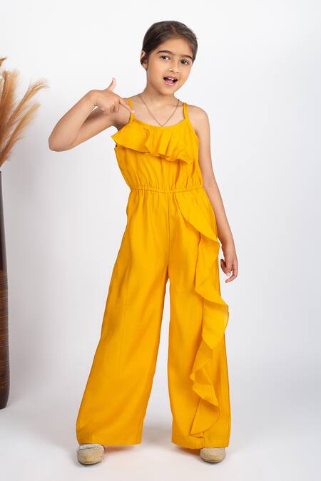 Jelly Jones Yellow Cotton, Silk Ruffles Solid Jumpsuit Online at Aza Fashions Jelly Jones_Yellow Cotton, Silk Ruffles Solid Jumpsuit_Online_at_Aza_Fashions
