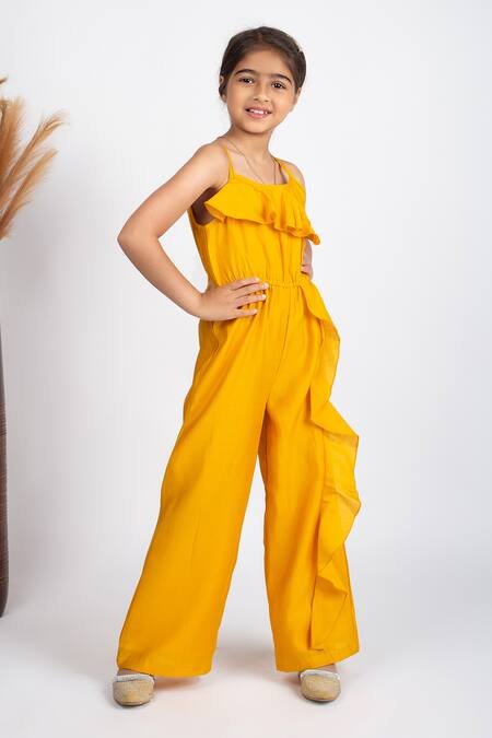 Buy Jelly Jones Yellow Cotton, Silk Ruffles Solid Jumpsuit Online at Aza Fashions Buy_Jelly Jones_Yellow Cotton, Silk Ruffles Solid Jumpsuit_Online_at_Aza_Fashions