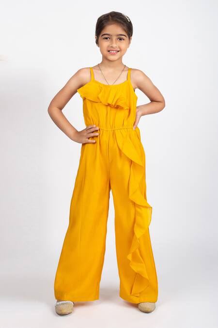 Shop Jelly Jones Yellow Cotton, Silk Ruffles Solid Jumpsuit Online at Aza Fashions Shop_Jelly Jones_Yellow Cotton, Silk Ruffles Solid Jumpsuit_Online_at_Aza_Fashions