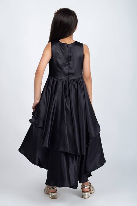 Shop Jelly Jones Black Satin, Cotton Sequins Embellished Net Layered Dress at Aza Fashions Shop_Jelly Jones_Black Satin, Cotton Sequins Embellished Net Layered Dress_at_Aza_Fashions