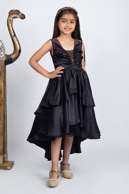 Jelly Jones Black Satin, Cotton Sequins Embellished Net Layered Dress Online at Aza Fashions Jelly Jones_Black Satin, Cotton Sequins Embellished Net Layered Dress_Online_at_Aza_Fashions