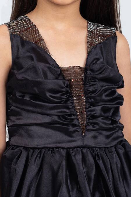 Jelly Jones Black Satin, Cotton Sequins Embellished Net Layered Dress at Aza Fashions Jelly Jones_Black Satin, Cotton Sequins Embellished Net Layered Dress_at_Aza_Fashions