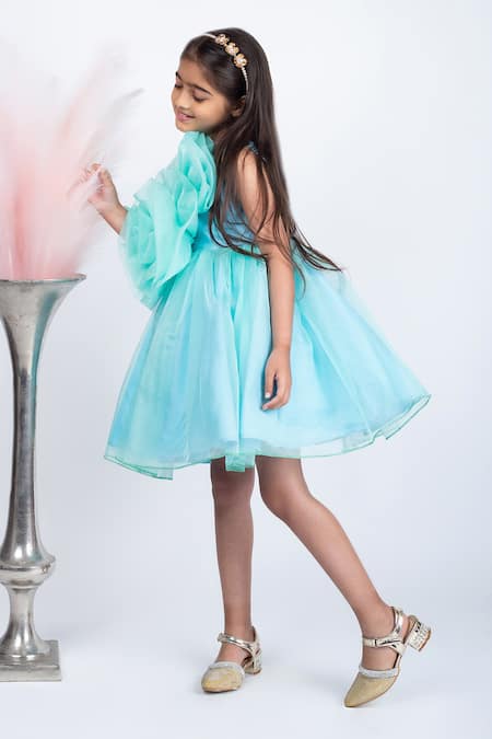 Jelly Jones_Green Organza, Cotton Embroidery Rosette Embellished Dress_Online_at_Aza_Fashions