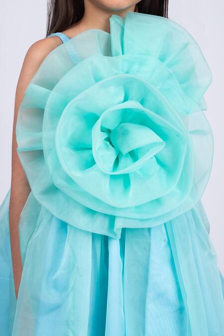 Jelly Jones_Green Organza, Cotton Embroidery Rosette Embellished Dress_at_Aza_Fashions