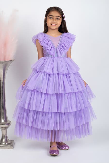 Jelly Jones_Purple Silk, Net, Cotton Bows Ruffle Layered Dress_Online_at_Aza_Fashions