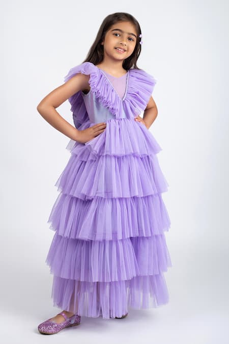 Buy_Jelly Jones_Purple Silk, Net, Cotton Bows Ruffle Layered Dress_Online_at_Aza_Fashions
