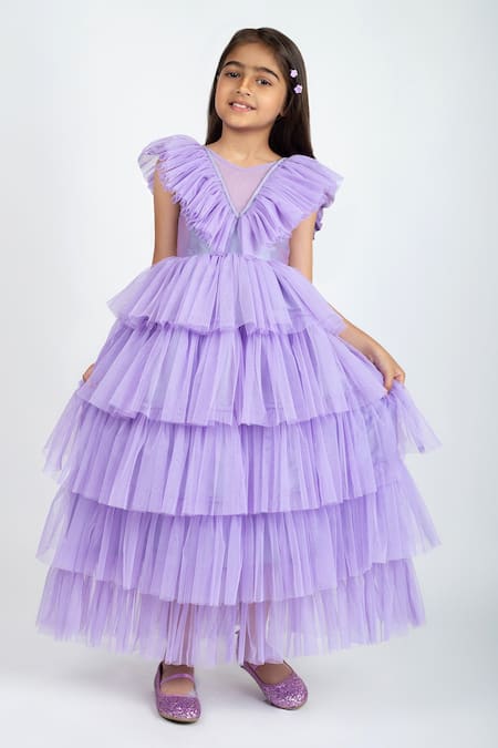 Shop_Jelly Jones_Purple Silk, Net, Cotton Bows Ruffle Layered Dress_Online_at_Aza_Fashions