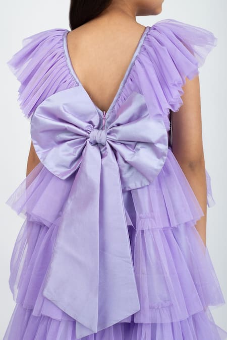 Jelly Jones_Purple Silk, Net, Cotton Bows Ruffle Layered Dress_at_Aza_Fashions