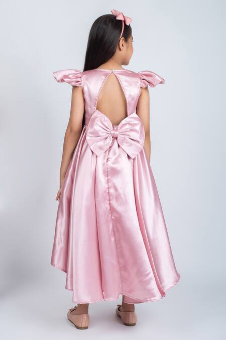 Shop Jelly Jones Pink Satin, Cotton Embroidery Rosa Vine Embellished High Low Dress at Aza Fashions Shop_Jelly Jones_Pink Satin, Cotton Embroidery Rosa Vine Embellished High Low Dress_at_Aza_Fashions