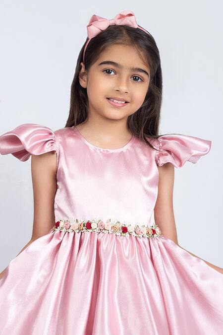 Jelly Jones Pink Satin, Cotton Embroidery Rosa Vine Embellished High Low Dress Online at Aza Fashions Jelly Jones_Pink Satin, Cotton Embroidery Rosa Vine Embellished High Low Dress_Online_at_Aza_Fashions